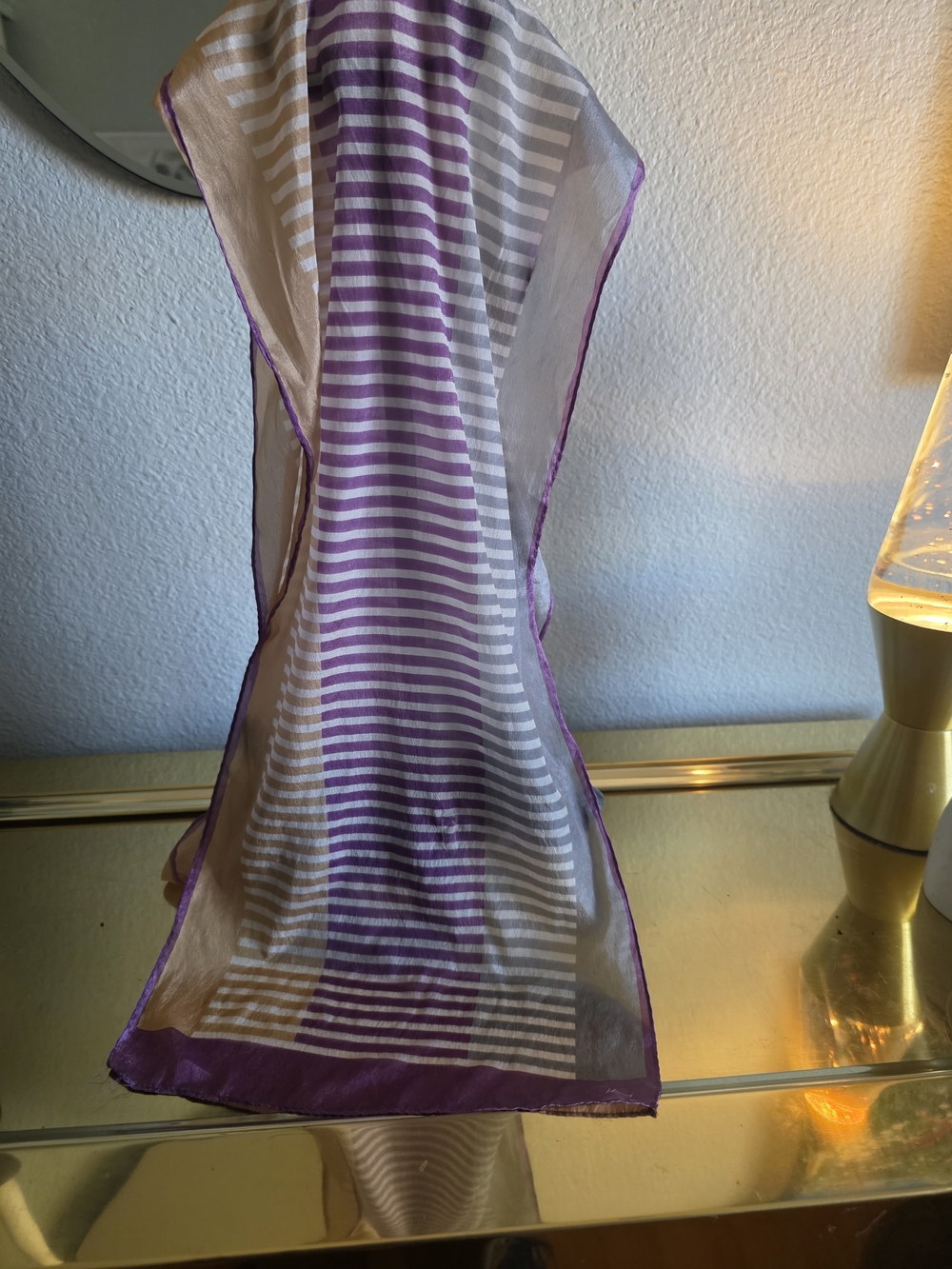 100% Silk Striped Vintage Sheer Purple & White Scarf